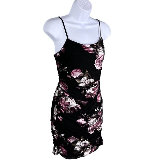 Black Foiled Pink Floral Ruched Mini Dress Bodycon Coquette Whimsigoth Womens S - Picture 3 of 16